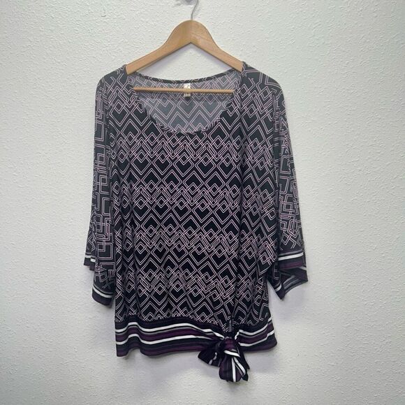 Perseption Women's 2X Multicolor Purple Geometric Blouse 3/4 Sleeve Boat Neck - Picture 1 of 12